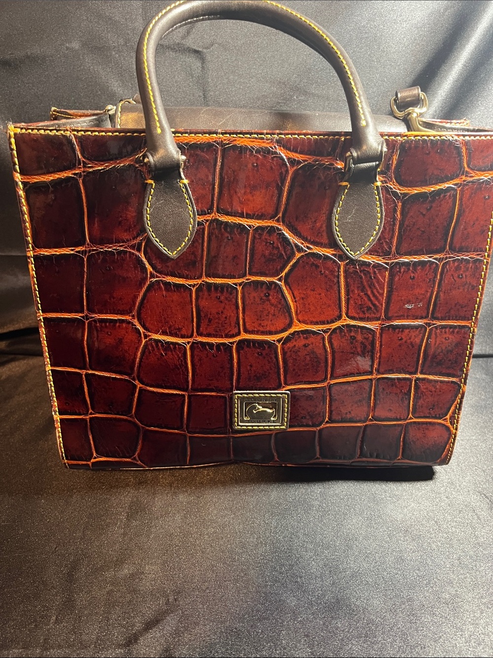 Dooney & Bourke Croc-Embossed Brown Leather Satchel with Gold Hardware